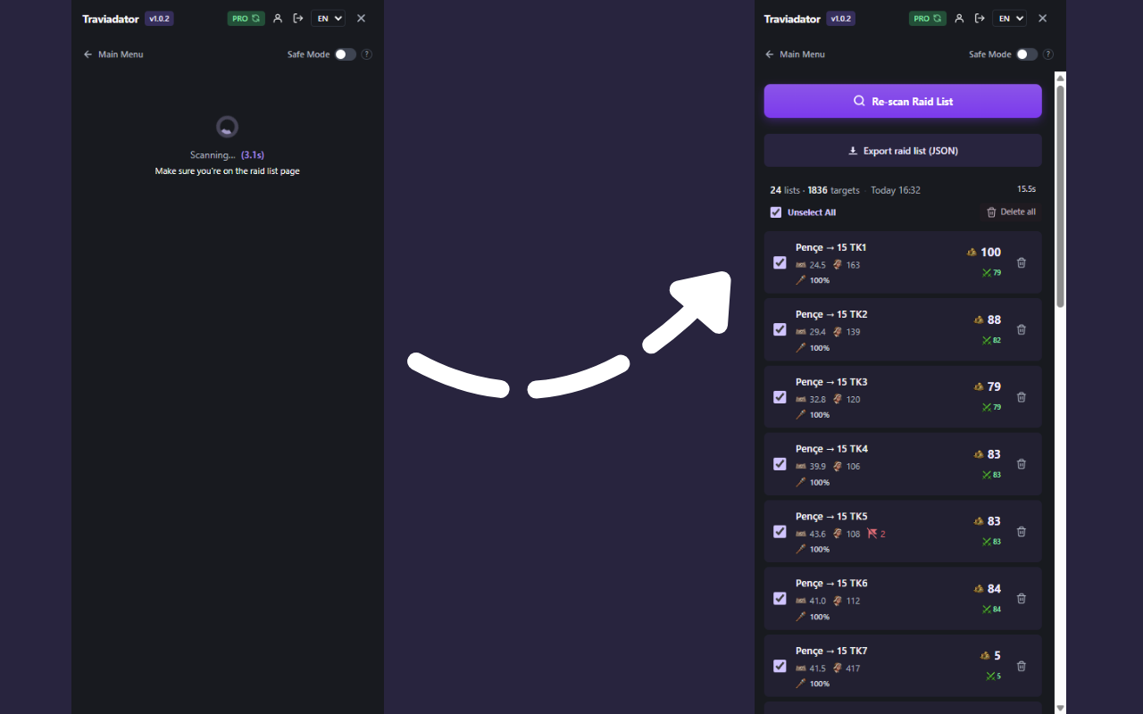 Traviadator scanning a Travian farm list and exporting it as JSON